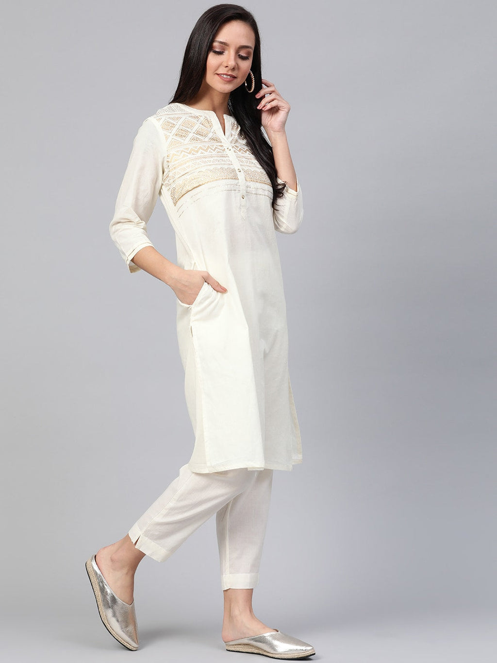 Sangria Women Off-White & Golden Yoke Design Kurta with Trousers