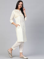 Sangria Women Off-White & Golden Yoke Design Kurta with Trousers