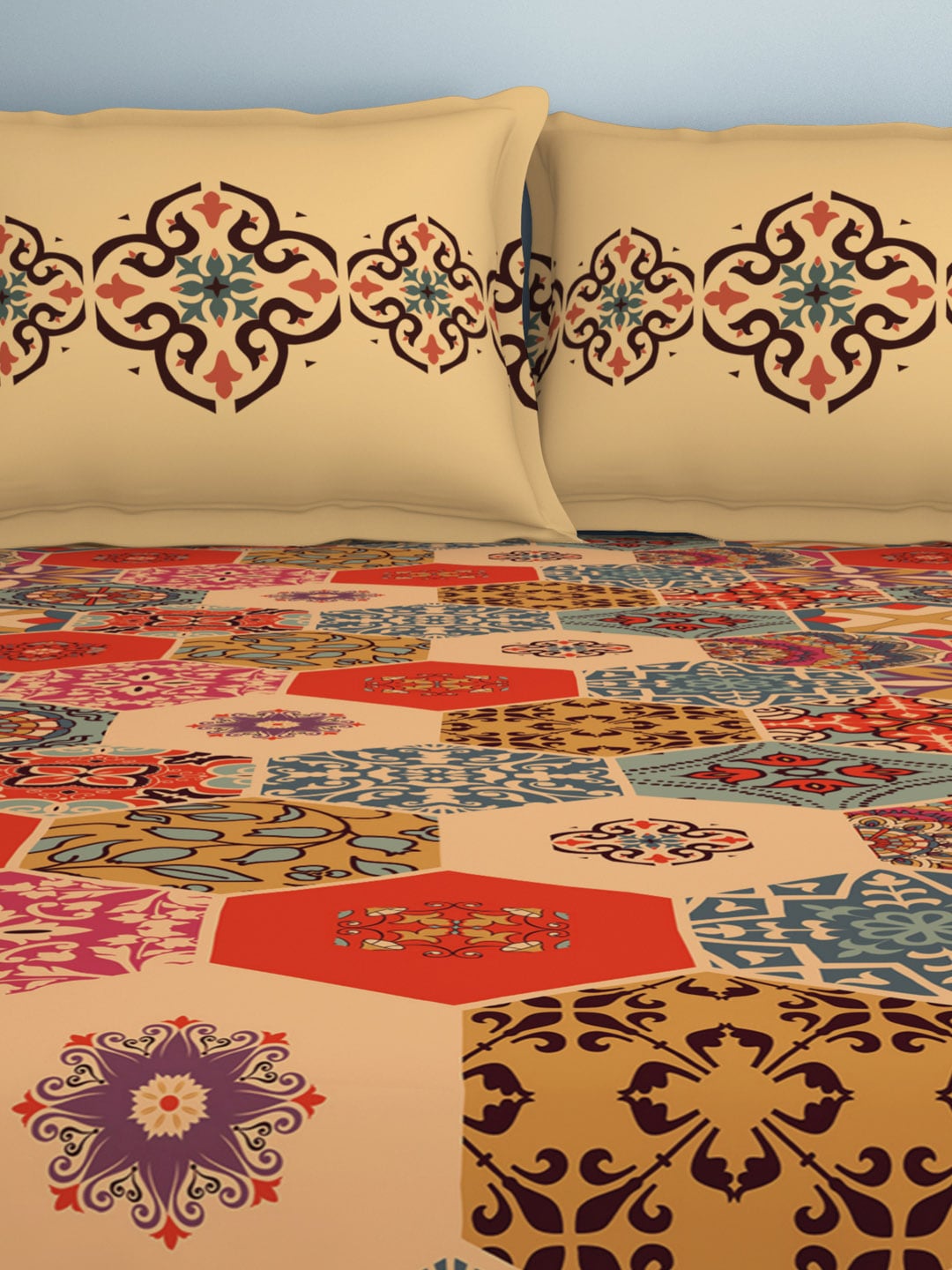 SPACES Aurum Orange Ethnic Motifs Pure Cotton 140 TC Queen Bedsheet with 2 Pillow Covers