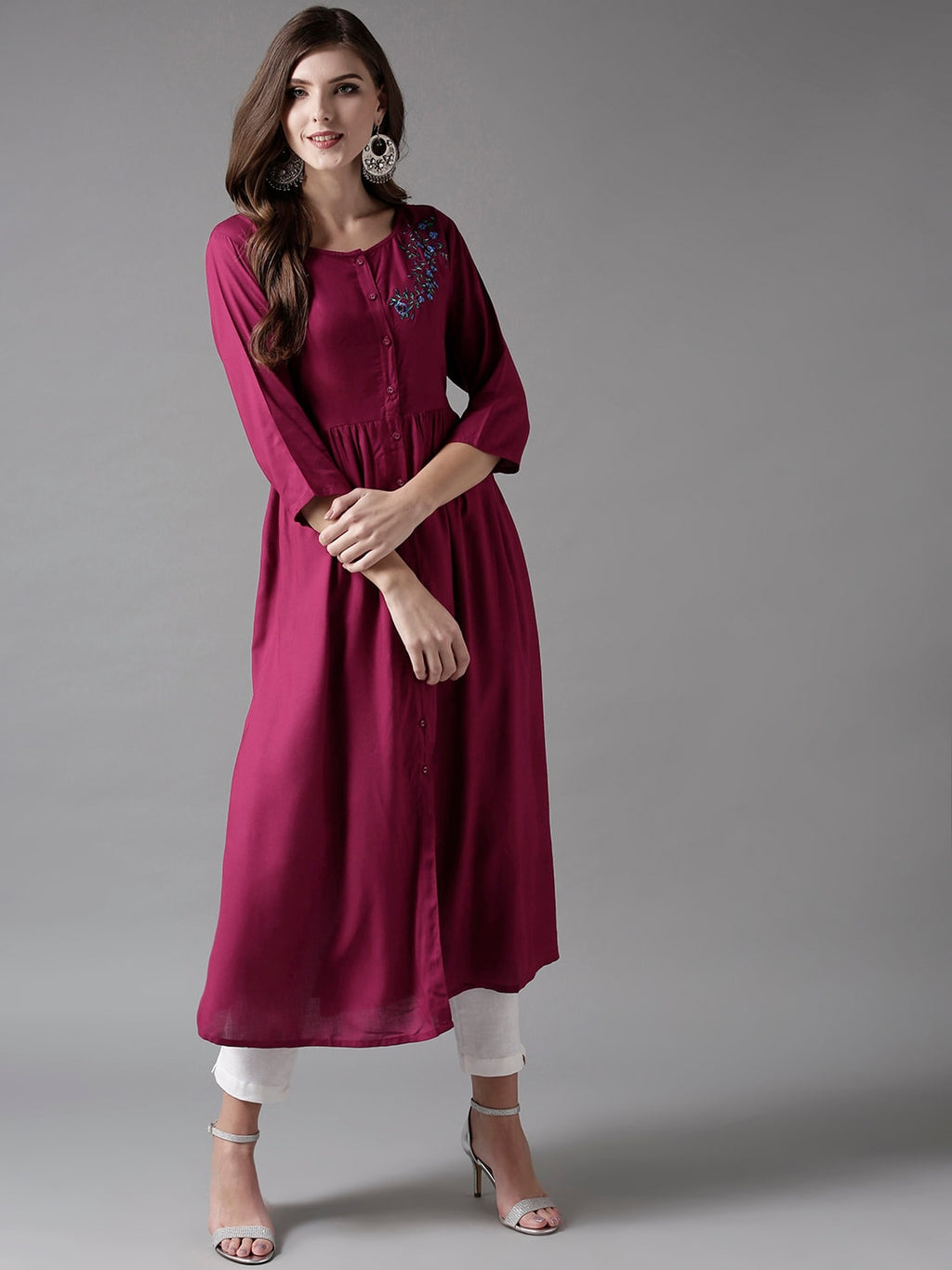 HERE&NOW Embroidered Wine Viscose Kurta