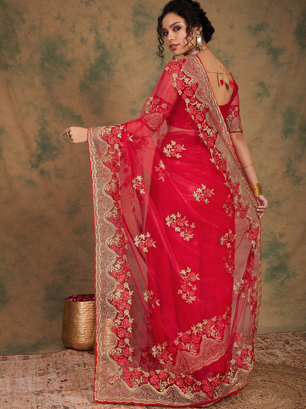 Sangria Ethnic Motifs Embroidered Net Saree - Distacart