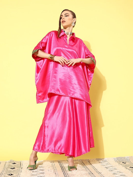InWeave Women's Pink Green Brocade Satin Boho Kurta Palazzo Set