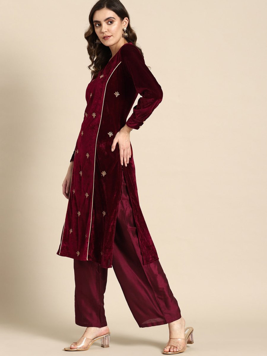 All About You Women Velvet Finish Woven Design Regular Kurta with Palazzos & Dupatta
