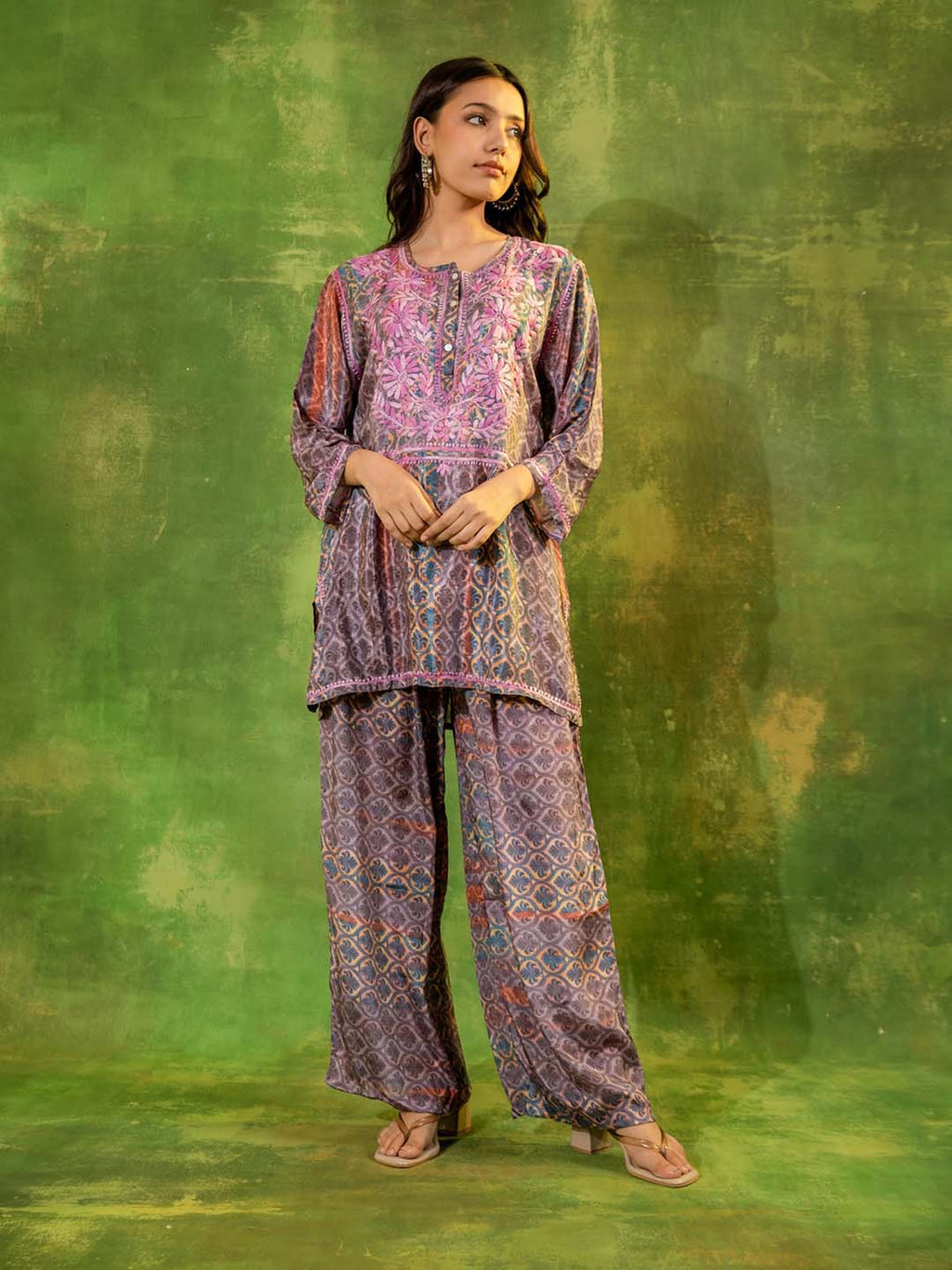 HOUSE OF KARI Floral Embroidered Regular Chikankari Straight Kurta with Palazzos