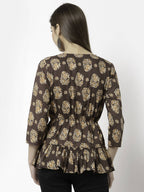 Myshka Printed 3/4 Sleeve V-Neck Casual Pure Cotton Top For Women