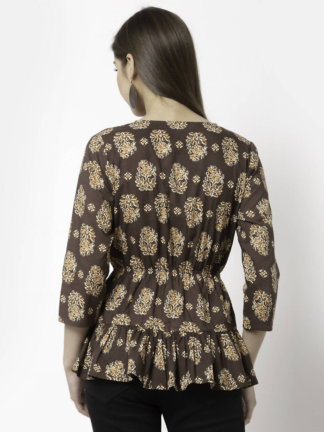 Myshka Printed 3/4 Sleeve V-Neck Casual Pure Cotton Top For Women