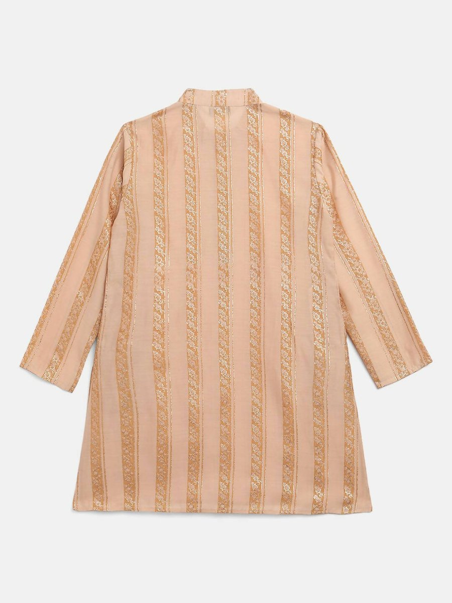 Ahalyaa Beige Chanderi Gold Foil Print Kids Kurta Churidar Set For Boys