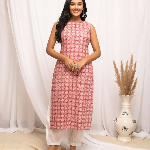 FIORRA Women's Floral Printed Pink Cotton Straight Kurta