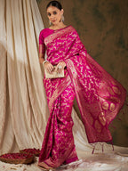 Sangria Pink & Gold-Toned Floral Woven Design Zari Banarasi Saree - Distacart
