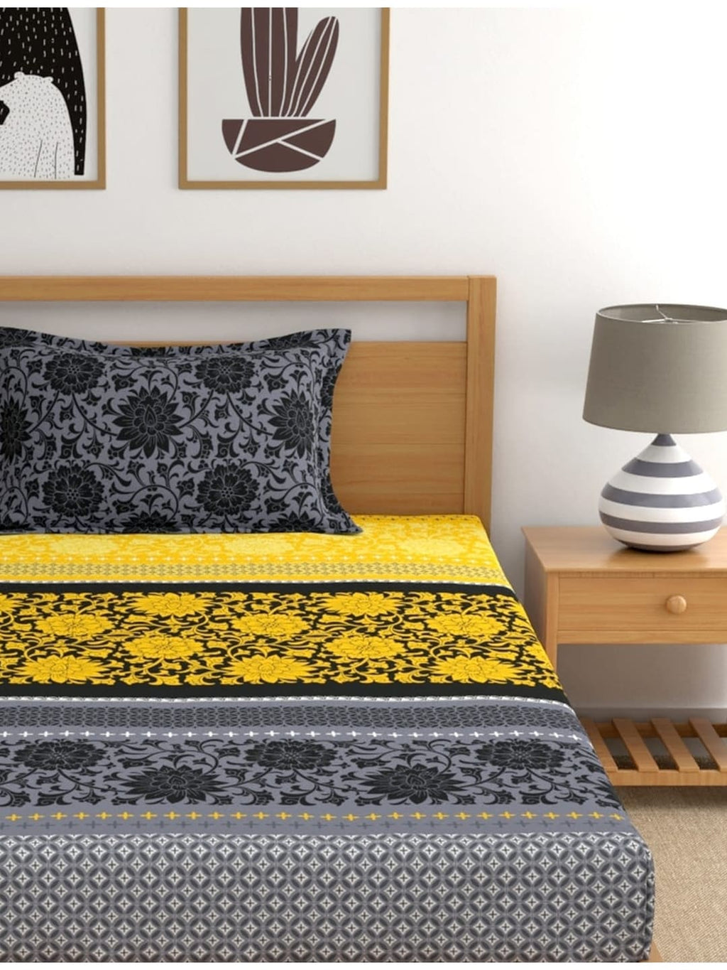 Dreamscape Yellow Ethnic Motifs Cotton 140 TC Fitted Single Bedsheet & 1 Pillow Cover