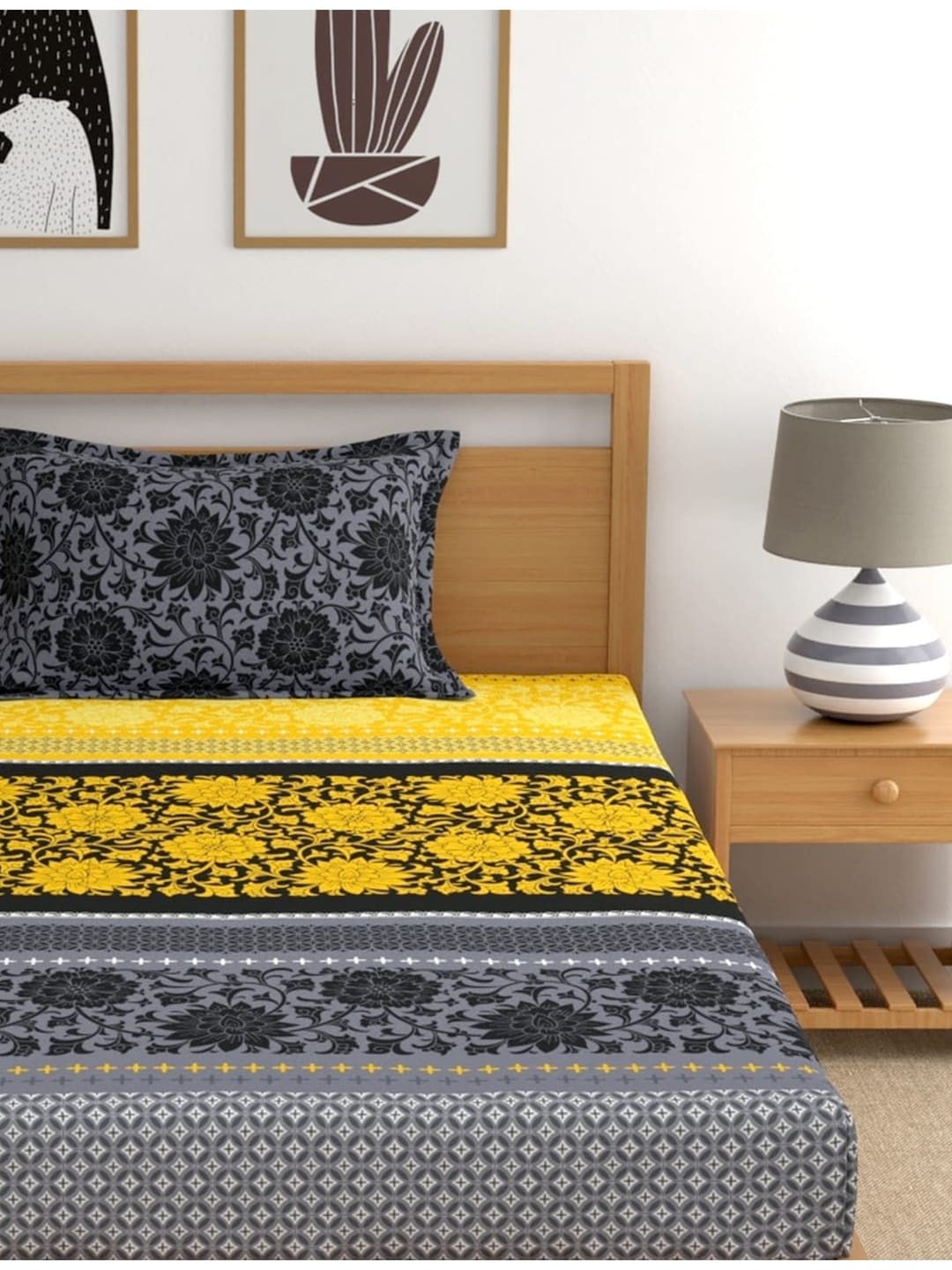 Dreamscape Yellow Ethnic Motifs Cotton 140 TC Fitted Single Bedsheet & 1 Pillow Cover