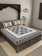 JAIPUR FABRIC Beige & Green Ethnic Motifs Cotton 210 TC Queen Bedsheet & 2 Pillow Covers