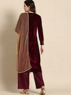 All About You Women Velvet Finish Woven Design Regular Kurta with Palazzos & Dupatta