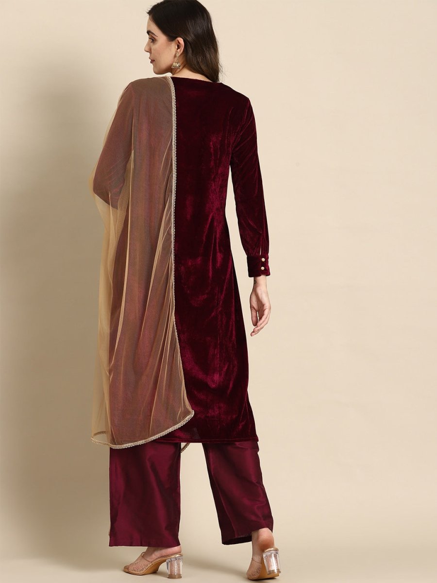 All About You Women Velvet Finish Woven Design Regular Kurta with Palazzos & Dupatta