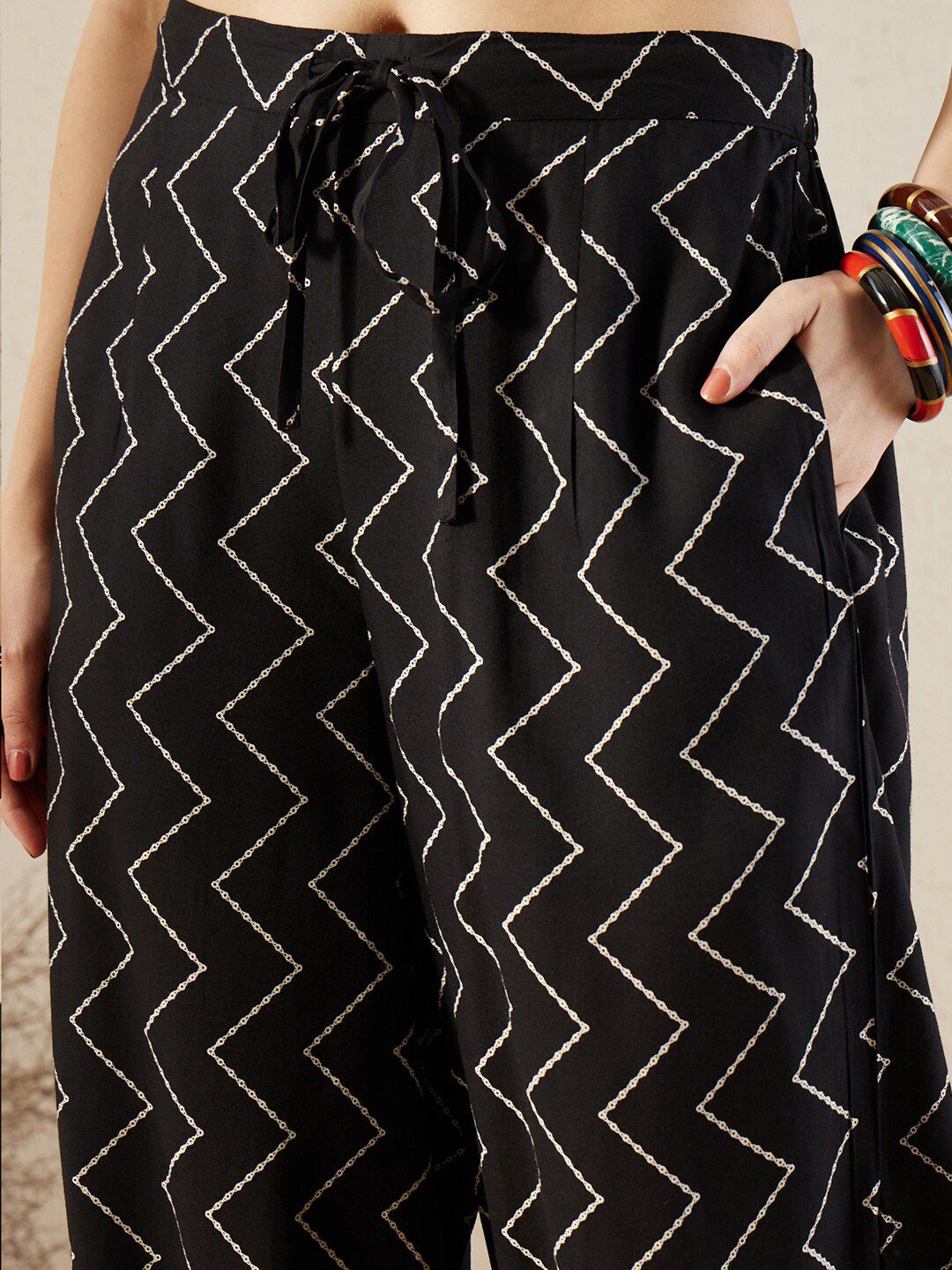 Indo Era Black Floral Printed V-Neck Sequinned A-Line Kurta With Salwar - Distacart