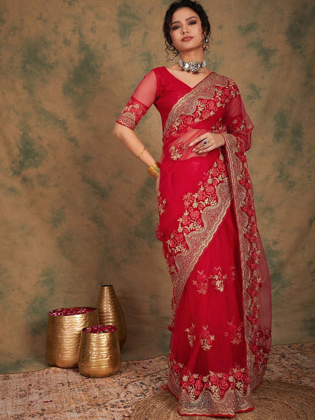 Sangria Ethnic Motifs Embroidered Net Saree - Distacart