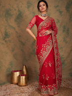 Sangria Ethnic Motifs Embroidered Net Saree - Distacart
