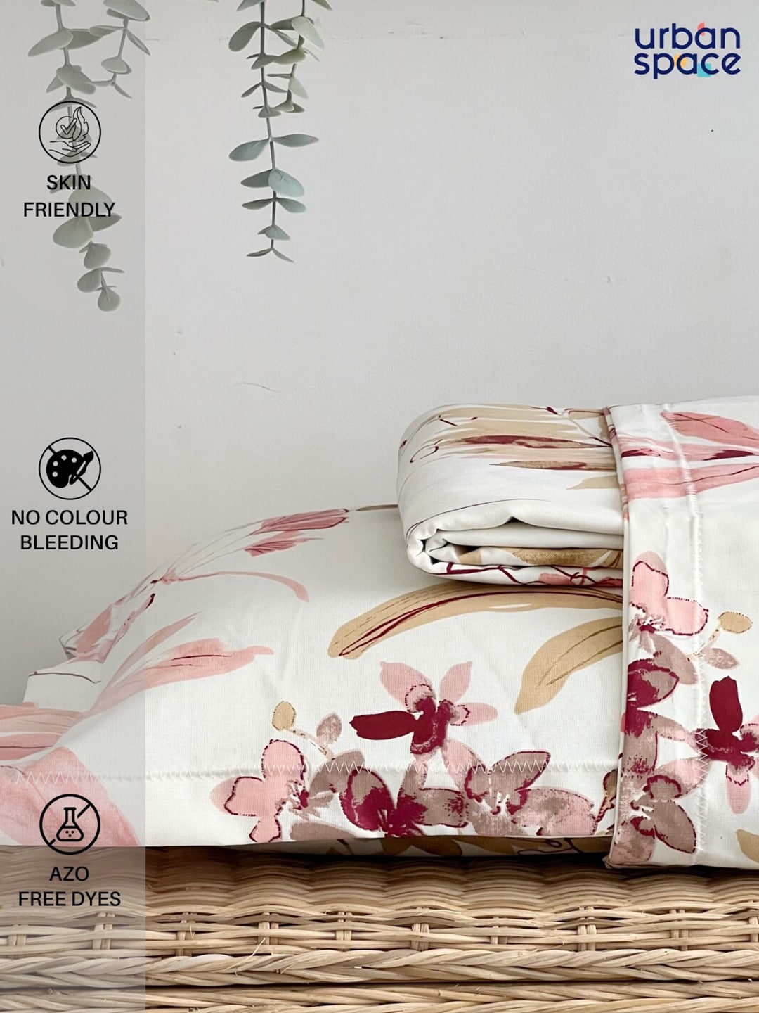 URBAN SPACE Serene White Floral Printed 200 TC Pure Cotton Bedsheet & Pillow Covers - Distacart
