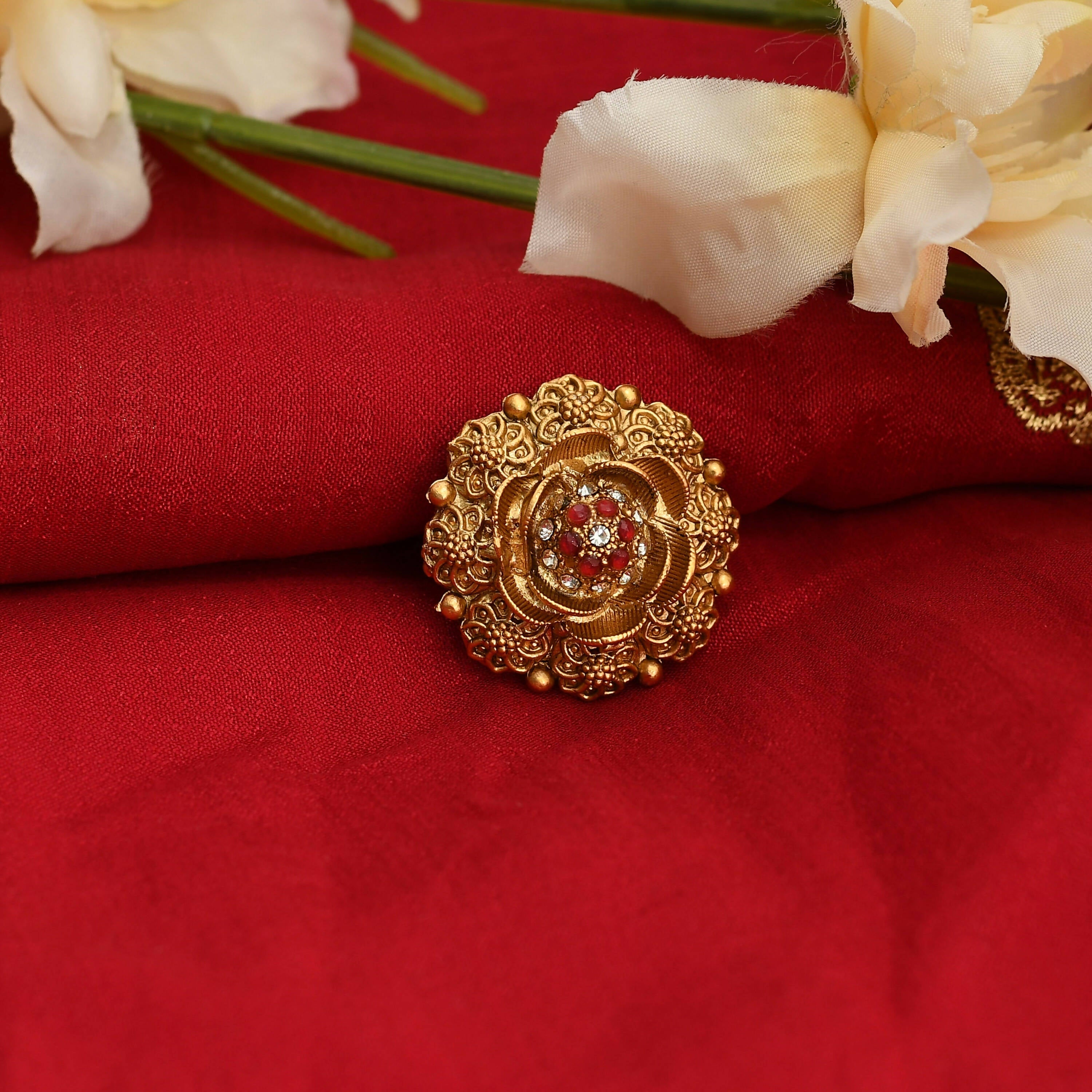 Mominos Fashion Joharkamal Gold-Polished Stone Studded Adjustable Finger Ring - Design 019