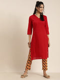 Sangria Women Red Solid Pure Cotton Gotta Patti Kurta with Abstract Print Trousers