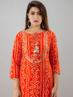 HERE&NOW Orange Tie Up Neck Bandhani Printed Gotta Patti Kurta