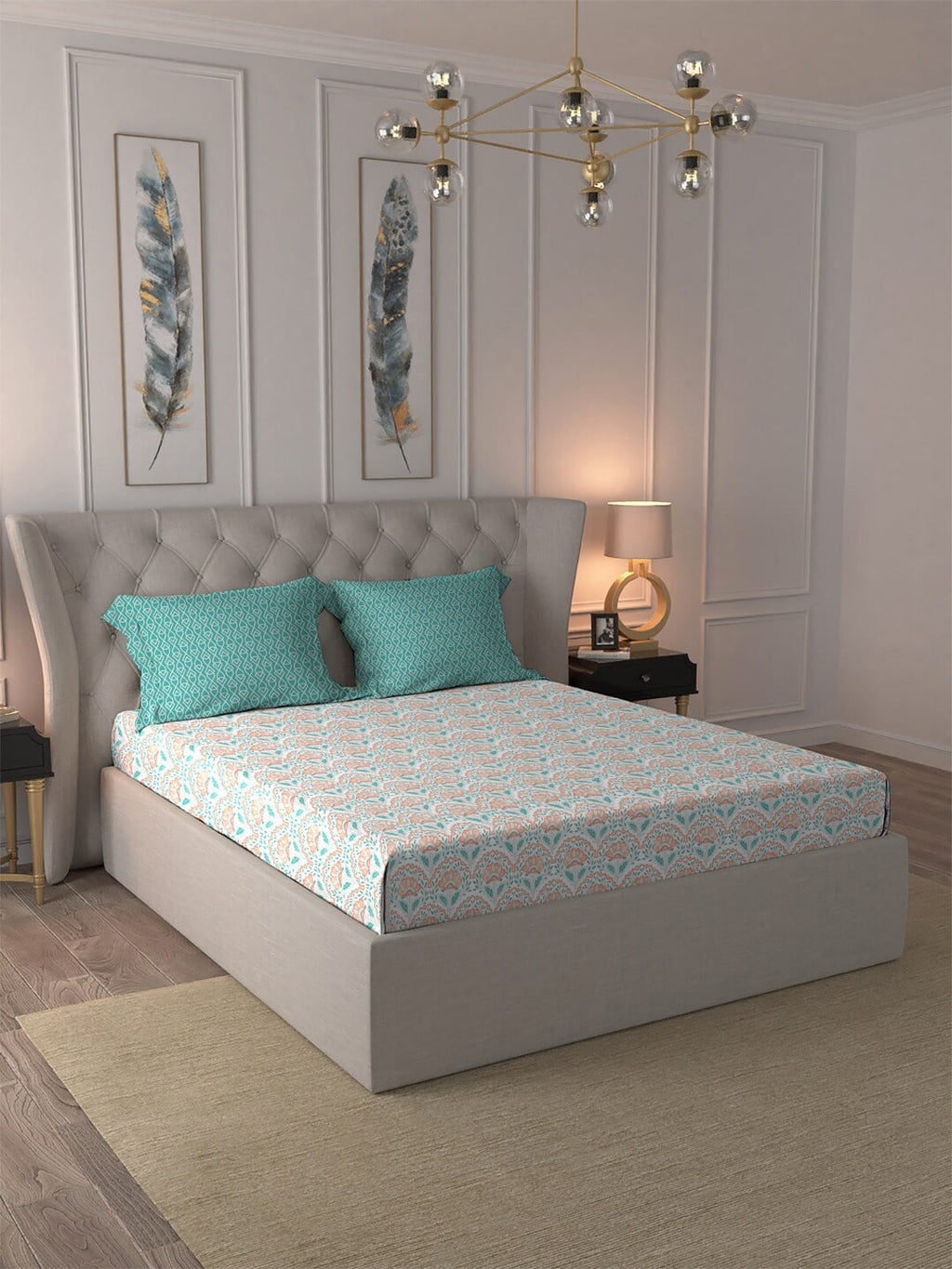 MYTRIDENT Orange Blue Ethnic Motifs Pure Cotton 120 TC Queen Bedsheet With 2 Pillow Covers