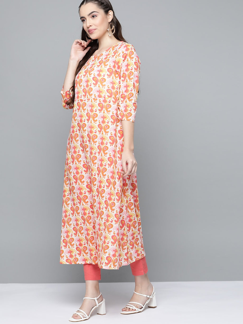 HERE&NOW Women Orange & White Ethnic Motifs Printed Kurta