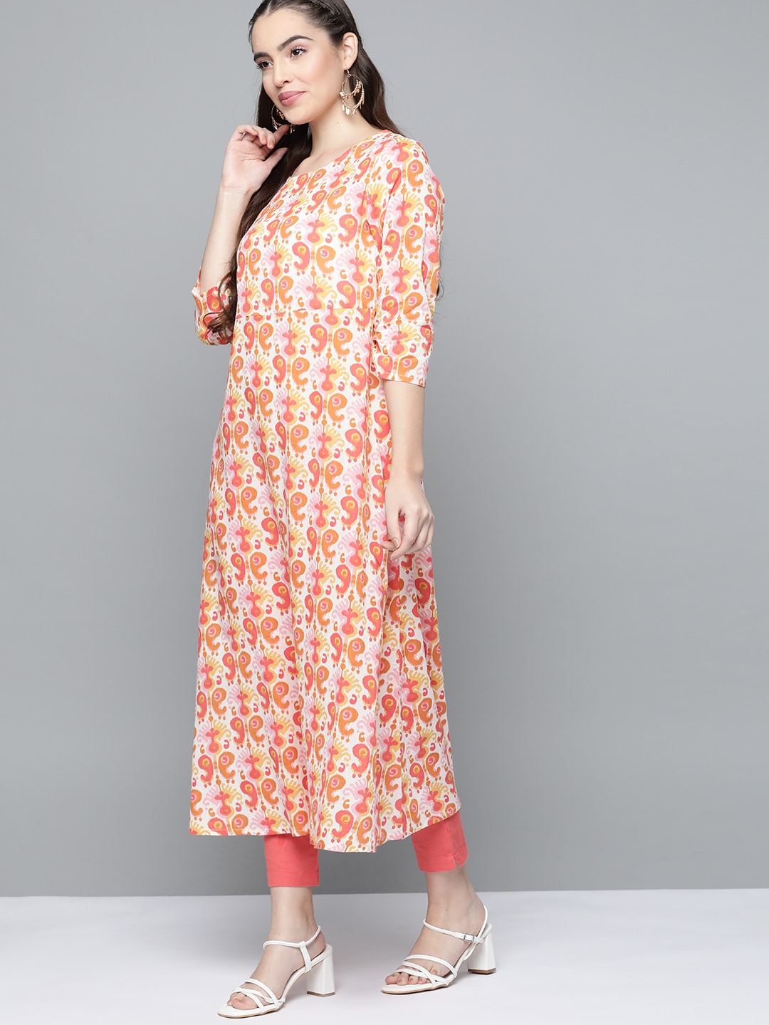 HERE&NOW Women Orange & White Ethnic Motifs Printed Kurta