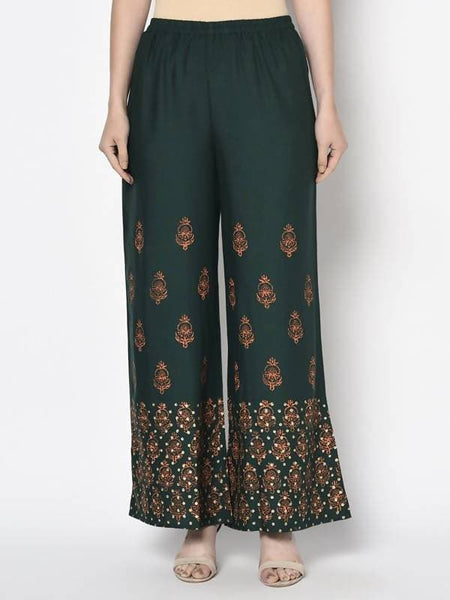 Aniyah Rayon Bottle Green Color Block Print Flared Slip-On Palazzo (AN-219K)