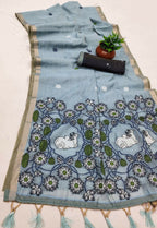 Vastranavya Sky Blue Muga Cotton Meenakari & Azarakh Pallu Saree with Contrast Blouse - Distacart