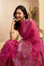 Vastranavya Pink Digital Printed Linen Ready To Wear Designer Saree with Unstitched Blouse - Distacart