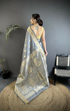 Joban Fashion Grey Paisley Soft Silk Banarasi Saree - Distacart
