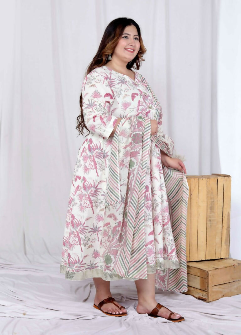 Miravan Women's Plus Size Light Pink Floral Printed and Anarkali Kurta with Dupatta