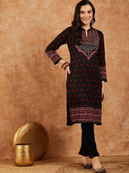 Sangria Floral Printed Mandarin Collar Winter Kurta & Trousers