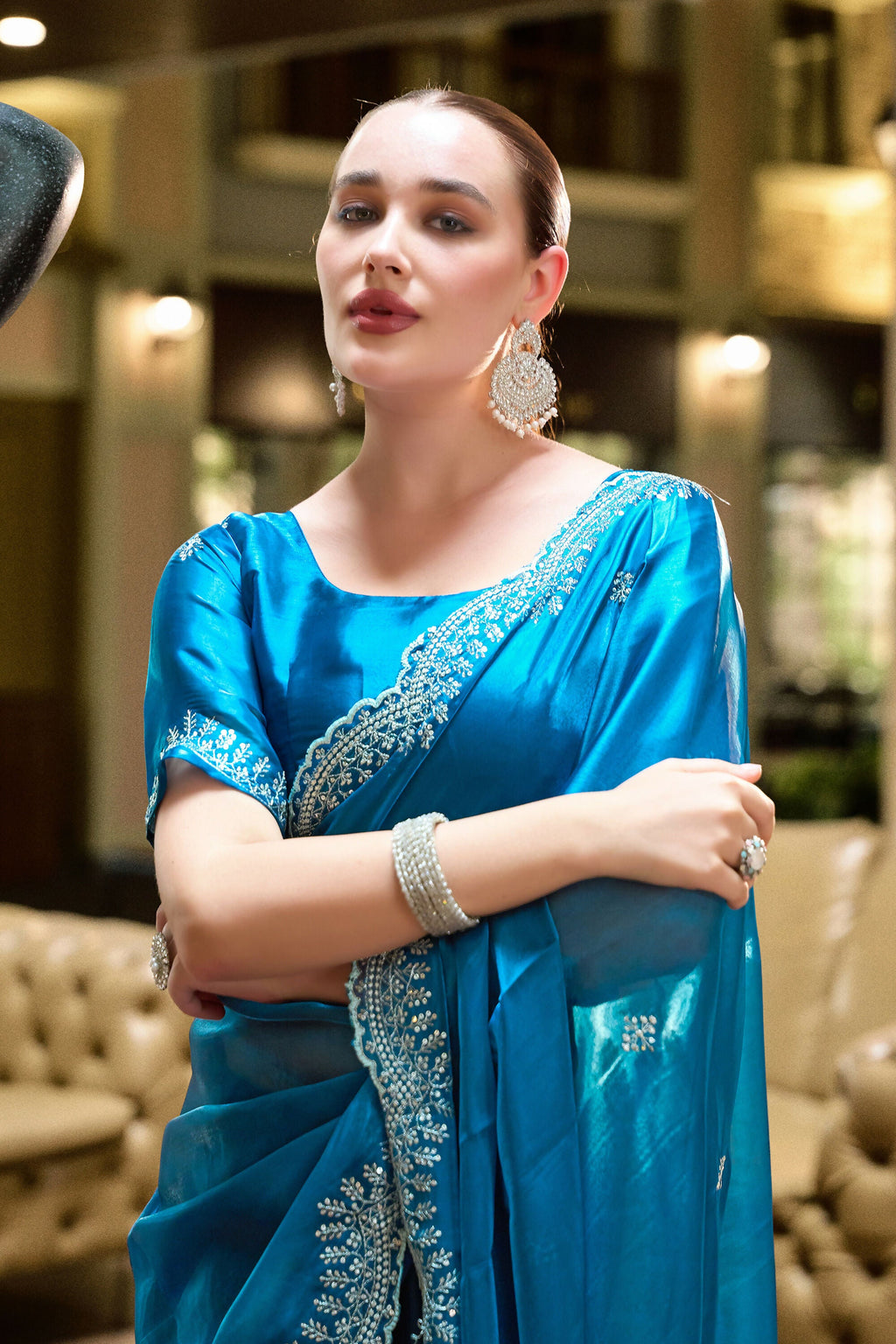 Vastranavya Sea Blue Embroidery Work Shimmer Chiffon Saree with Unstitched Blouse - Distacart