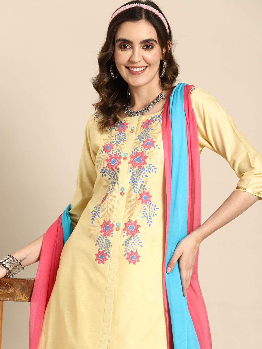 Sangria Women Floral Printed Regular Chanderi Cotton Kurta with Palazzos & With Dupatta