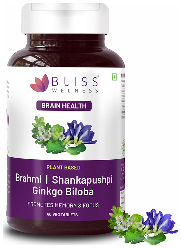 Bliss Welness Brain Health Brahmi + Shankapushpi Ginkgo Biloba Veg Tablet