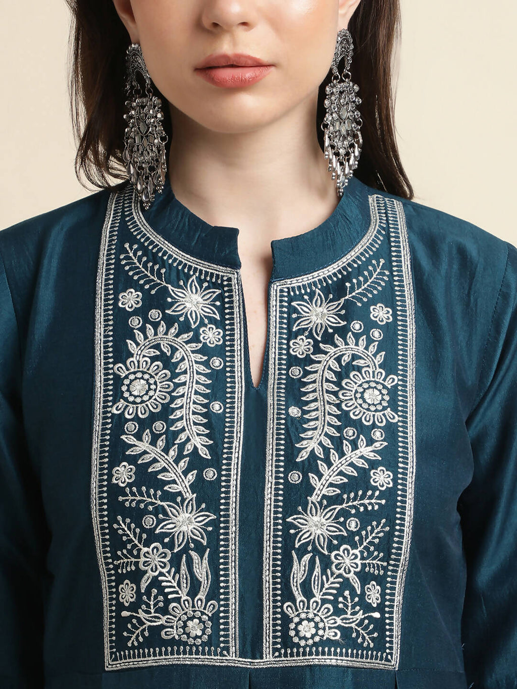 Teal Chinon Floral Embroidered Top with Bottom - Maanushi