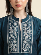 Teal Chinon Floral Embroidered Top with Bottom - Maanushi