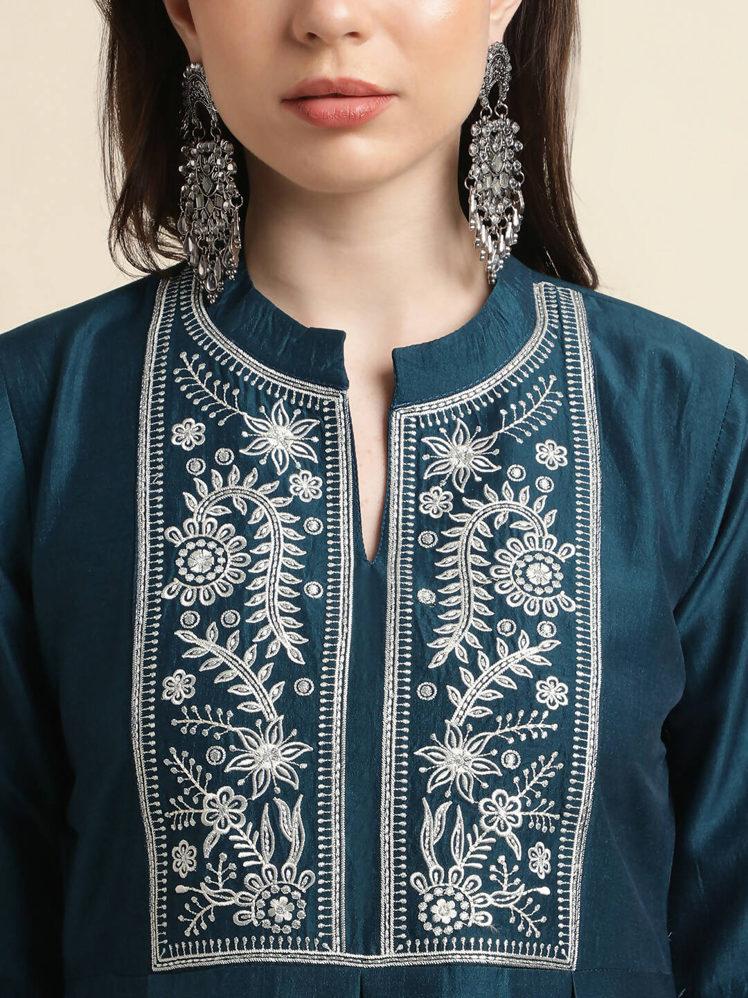 Teal Chinon Floral Embroidered Top with Bottom - Maanushi