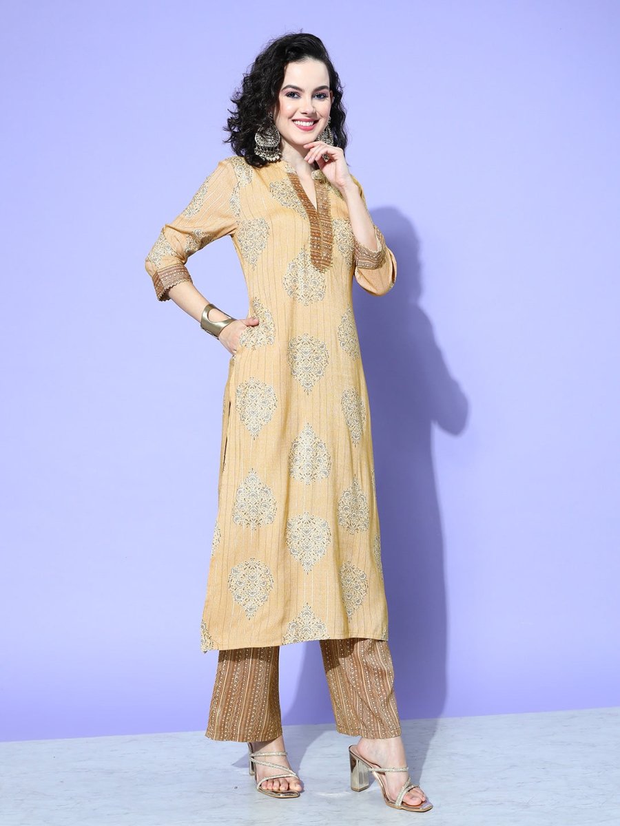 All About You Beige Floral Printed Regular Gotta Patti Liva Kurta With Palazzos