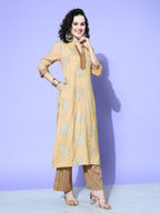 All About You Beige Floral Printed Regular Gotta Patti Liva Kurta With Palazzos