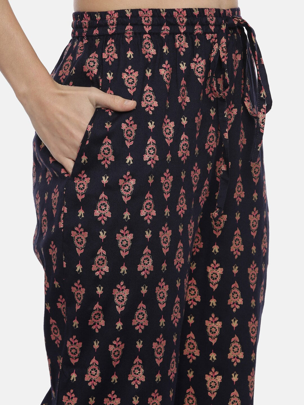 Souchii Navy Blue & Pink Printed Kurta with Palazzos - Distacart