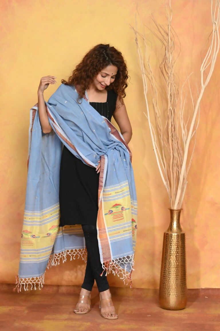 Very Much Indian Handloom Pure Cotton Paithani Dupatta - Powder Blue