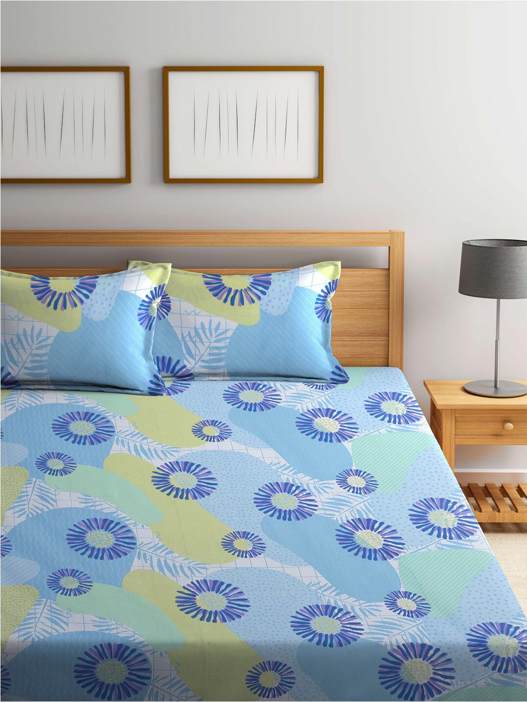 BOMBAY DYEING Serenita Blue Printed Cotton 144 TC King Bedsheet with 2 Pillow Covers