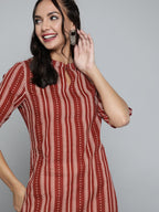 HERE&NOW Women Rust Red & Off-White Pure Cotton Striped Keyhole Neck Straight Kurta