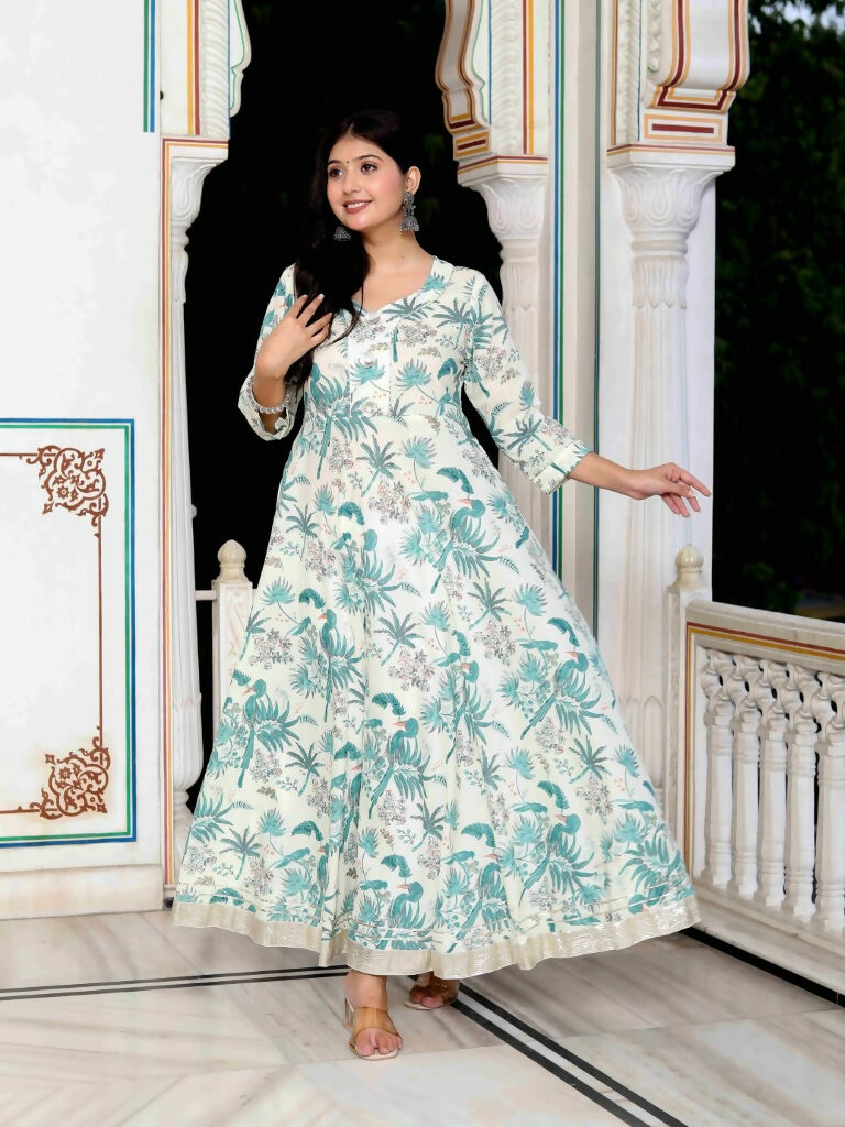 Miravan Women's Light Green Cotton Gotapatti And Lace Border Birds And Leaf Anarkali Kurta