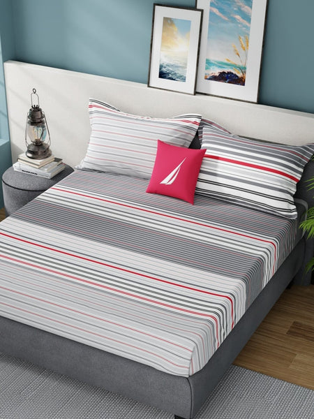Nautica Bradford Grey & White Striped Cotton 160 TC King Bedsheet With 2 Pillow Covers