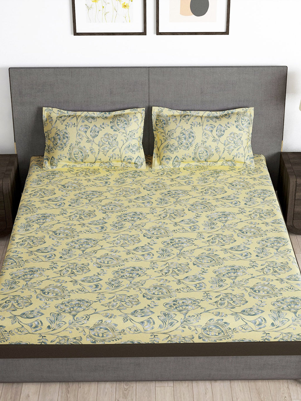 Story@home Arena Cream-Coloured & Grey Printed 180 TC Queen Bedsheet & 2 Pillow Covers