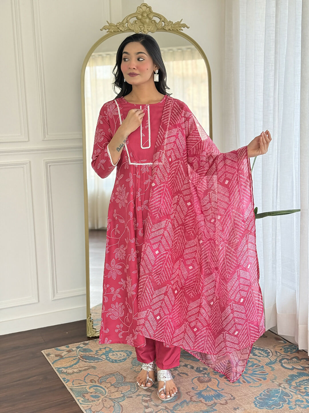 The52 Women's Beautiful Rayon Fabric Printed Work Flared Kurta Pant and Dupatta Set - Distacart